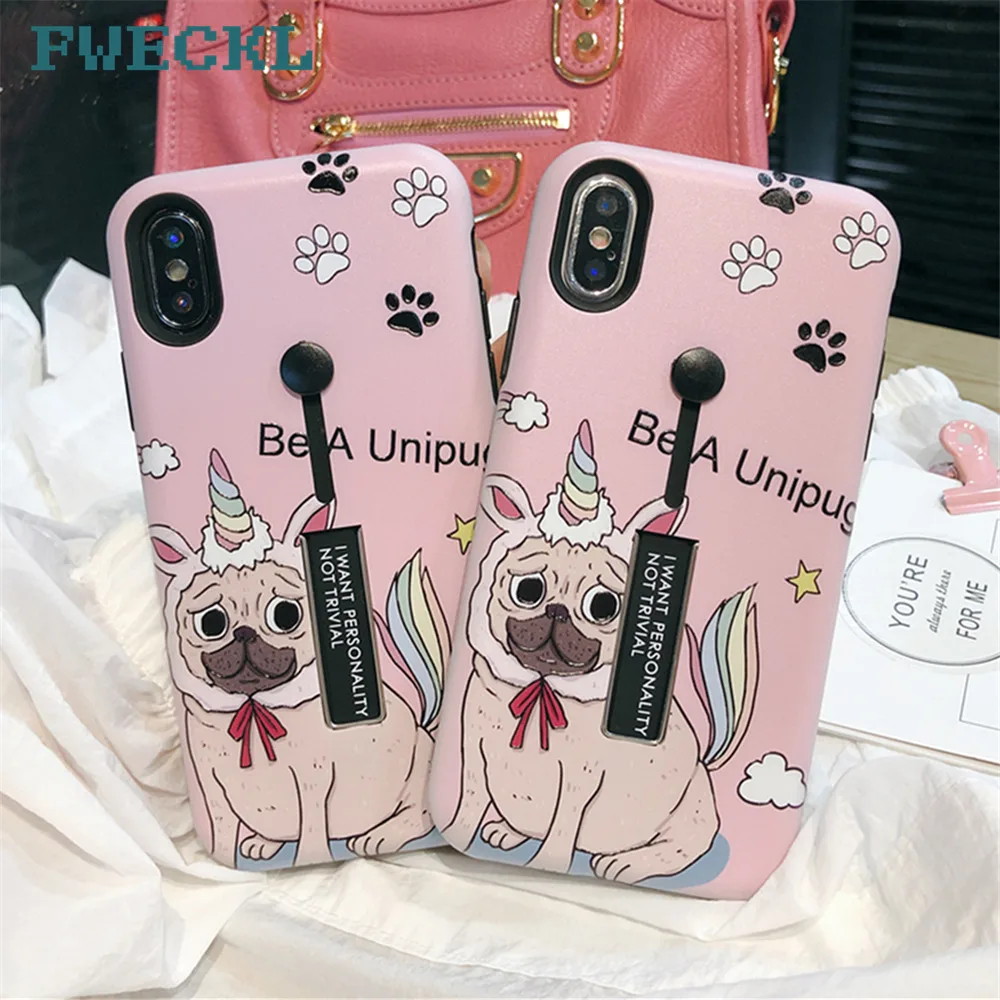 

Cute Funny Pug Dog French Bulldog Puppy Silicon Case For iPhone 6 6S Plus 7 8 Plus X XS MAX XR Hide Stand Holder Ring Back Cover