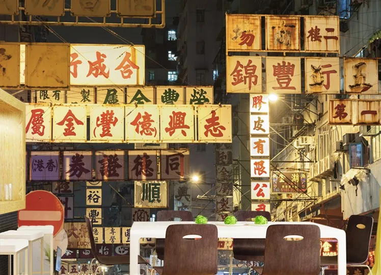 Free Shipping Nostalgic vintage signs wallpaper night street view-style restaurant in Hong Kong milk tea shop clothing store mur