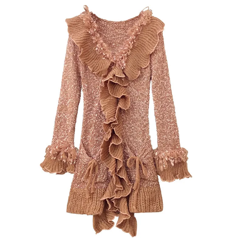 Fashion Knit Cardigan Sweater Women's 2018 Autumn Winter New V-Neck Long Ruffled Sleeve Slim Coat Single Breasted |