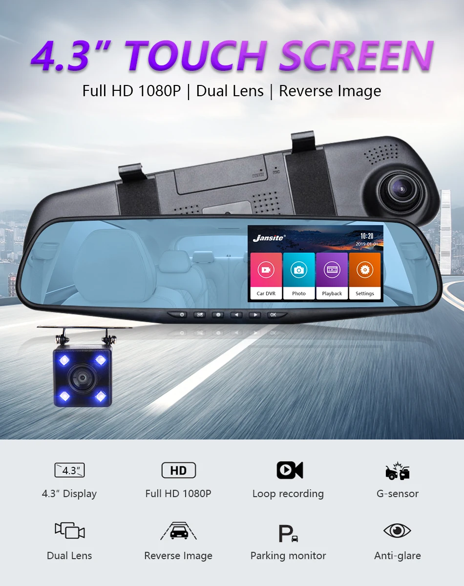 Jansite Автомобильный видеорегистратор с двумя объективами и сенсорным экраном FHD Автомобильная камера видеорегистратор зеркало заднего вида с видеорегистратором заднего вида Dashcam простой интерфейс
