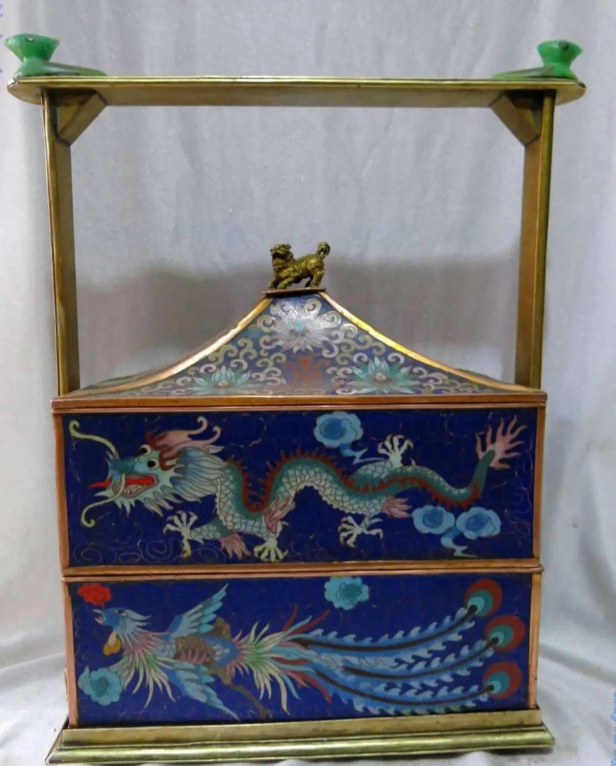 

China copper Cloisonne Beautifu dragon and phoenix two storeys food box Statue