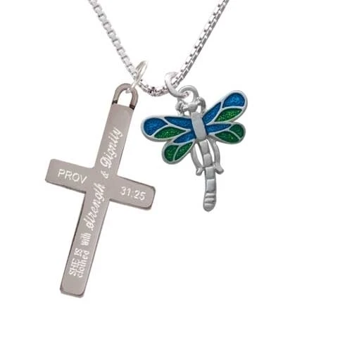 Dragonfly with Green & Blue Wings - Strength and Dignity - Cross Necklace (1)