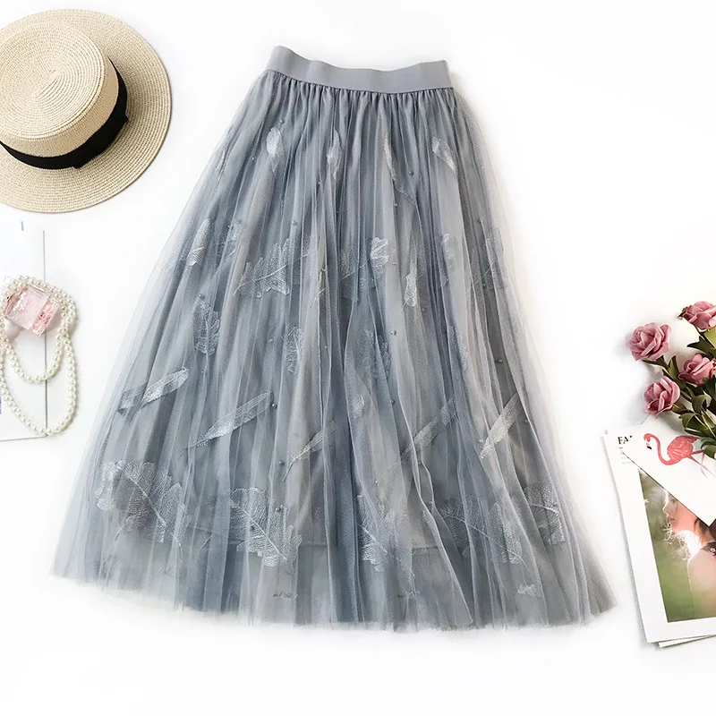 Элегантные винтажные плиссированные юбки для женщин, летняя Новинка, высокая талия, блестящая расшитая блестками фатиновая юбка, Повседневная Свободная сетчатая юбка, юбка-американка