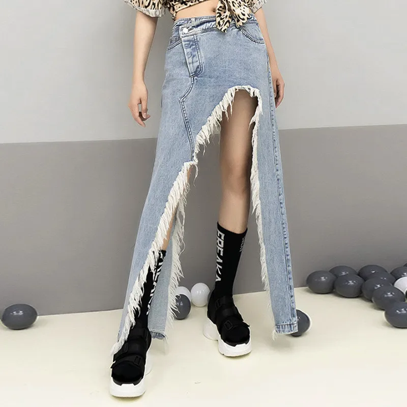 Женская джинсовая юбка 2019 летняя новая индивидуальная уличная юбка с песком и кисточками нерегулярная стирка джинсовая юбка Размер s m l