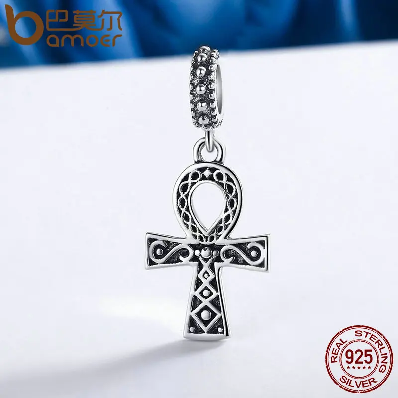 BAMOER Authentic 925 Sterling Silver Classic Power of Faith Cross Dangle Charms Fit Bracelets DIY Jewelry Making S925 SCC185