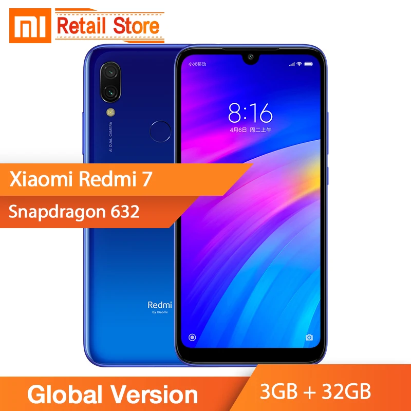 Xiaomi Redmi 7 3 ГБ ОЗУ 32 Гб ПЗУ смартфон Восьмиядерный процессор Snapdragon 632 двойная задняя
