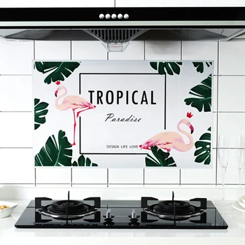 1 Pc Flamingo Plant Wall Stickers For Cabinet Stove Aluminium Foil Waterproof Anti Oil Splatter Kitchen Accessories