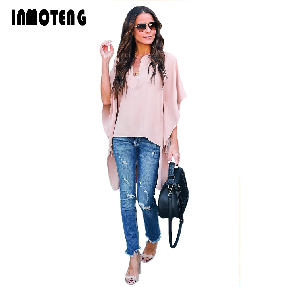 

INMOTENG Pink/Black/White Chic High Low Kimono Top 2019 Women Summer Chiffon Blouse Casual Retro Vintage Ladies Office Shirt XXL