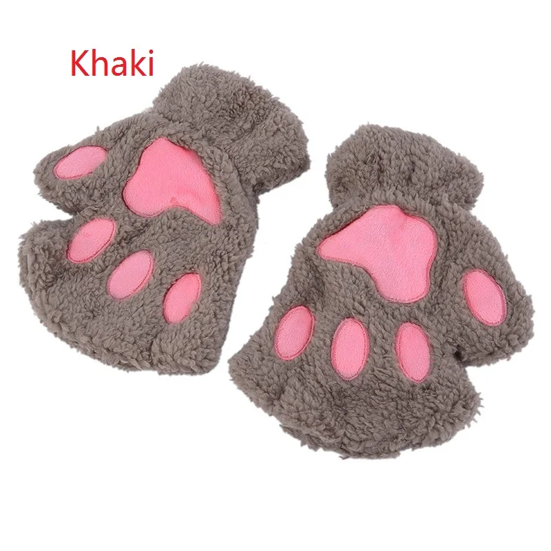 Новое поступление, женские перчатки с милым медведем, котом, пушистая лапа, зимние теплые плюшевые перчатки с полупальцами, удобные перчатки, подарок - Цвет: khaki