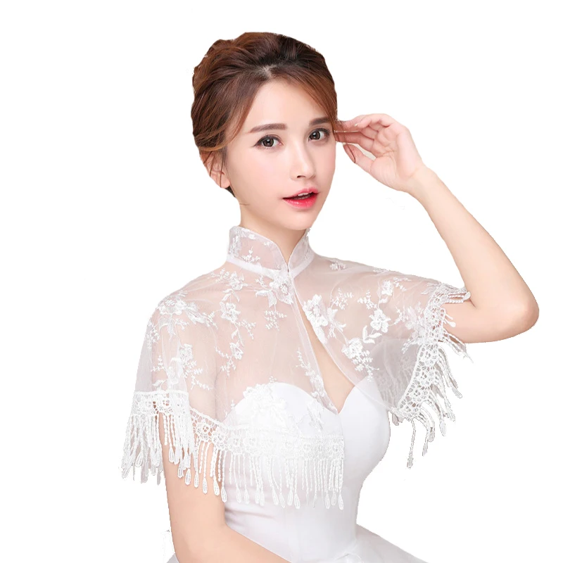 High Collar Lace Bridal Wraps Shawl With Tassel Trim Elegant Women Evening Stole Party Cape Bolero Bride Wedding Jackets Wrap