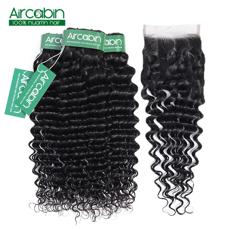 Brazilian Deep Wave Bundles with Closure Human Hair 3 Bundles with Lace Closure Bleached Knots AirCabin Non Remy Extensions
