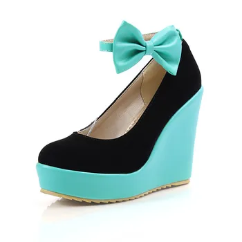 

17 cross-border supply slope documentary shoes female waterproof bowknot heels color matching speed sell tong