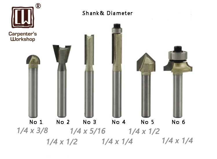 6Pcs Pack 1/4" Shank ,Dovetail Straight Trim Router Bitin Drill Bits