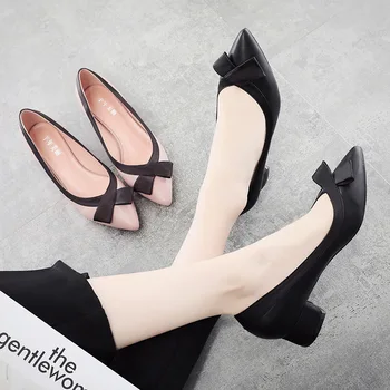 

2019 bow color matching black with low heel pointed thick with large size 40-43 yards professional work single shoes women