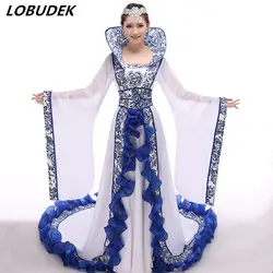 Лютни производительность классический костюм синий и белый фарфор платье со шлейфом древних китайское платье певица этап Одежда для