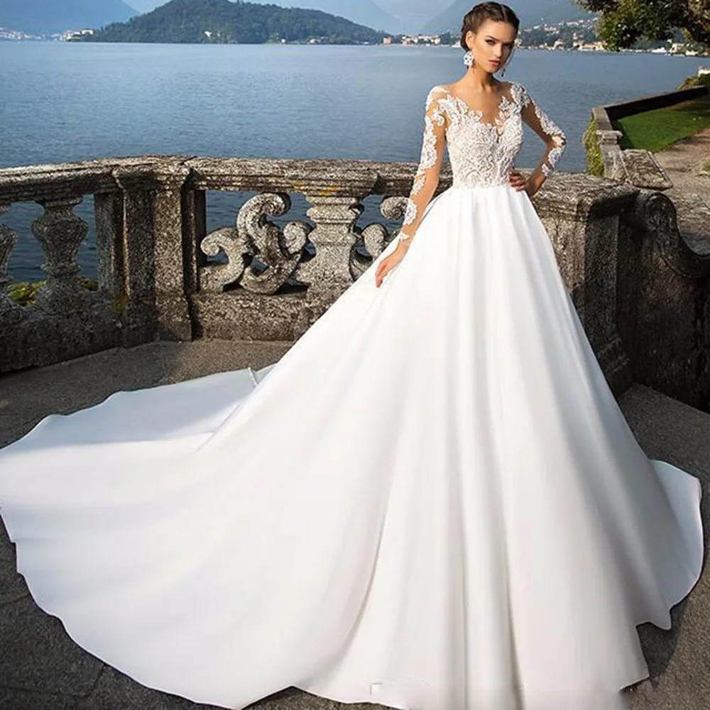 

Charming Sheer Neck Lace Long Sleeves Wedding Dresses 2019 Ball Gown Saudi Arabia Bridal Gown Satin Vestido de Noiva Princess
