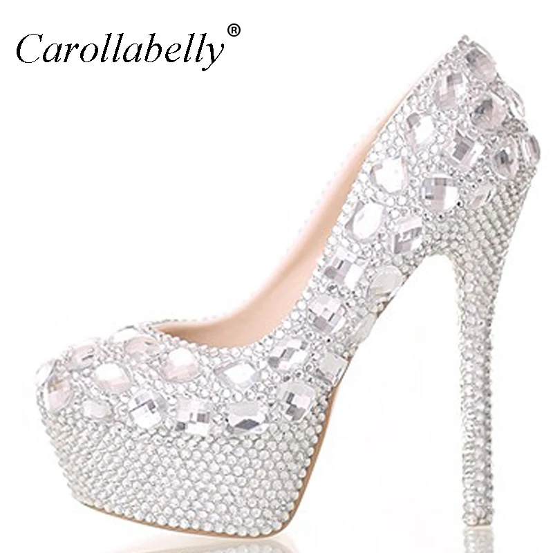 Rhinestone white bridal shoes platform 8/10/12/14cm high heels shoes