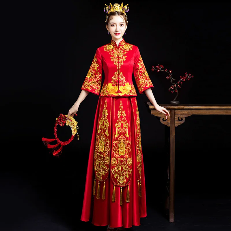 Китайское традиционное платье красные свадебные Qipao Cheongsam Атлас Винтаж восточные платья Длинные вечерние платья для женщин халат Chinoise