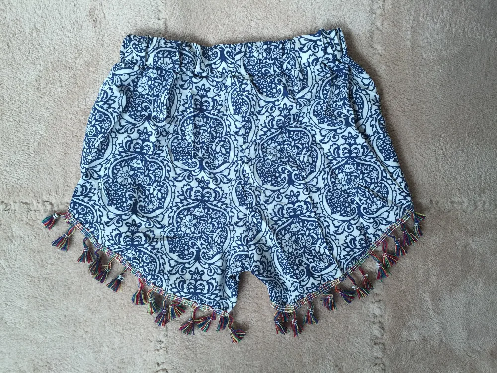 Clearance Womens Small Balls Tassel Edge Floral Print Beach Shorts
