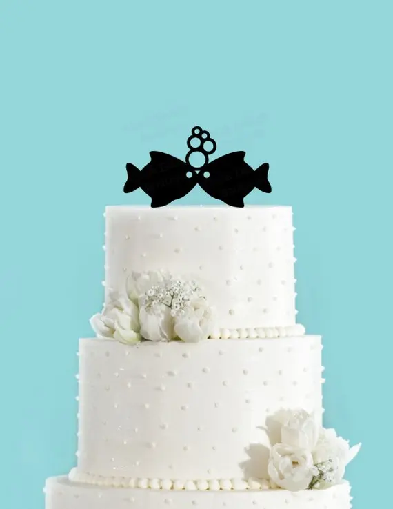 

Free Shipping Laser Cut Fish Kissing Two Less Fish in the Sea Nautical Summer Beach Wedding Acrylic Wedding Cake Topper