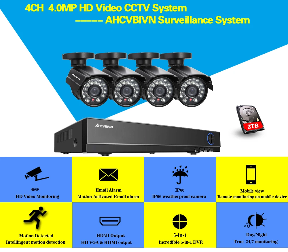 Полный HD 8CH 5MP NVR DVR CCTV система Комплект 4MP наружная AHD камера водонепроницаемая IR P2P комплект видеонаблюдения 2 ТБ жесткий диск