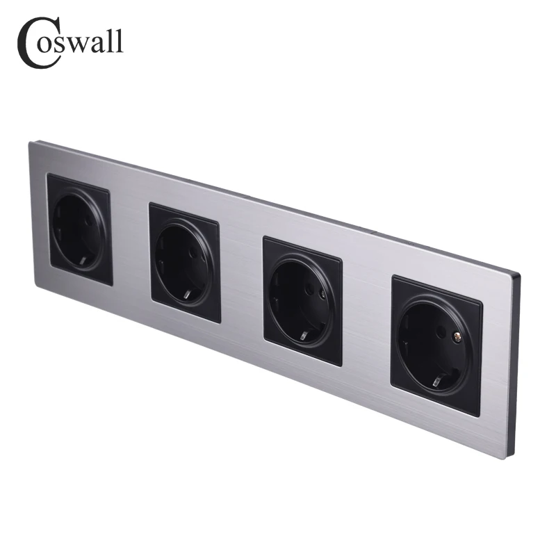 COSWALL Stainless Steel Panel 4 Gang Wall Socket 16A EU Russia Spain Electrical Outlet Silver Black Color Child Protective Door |