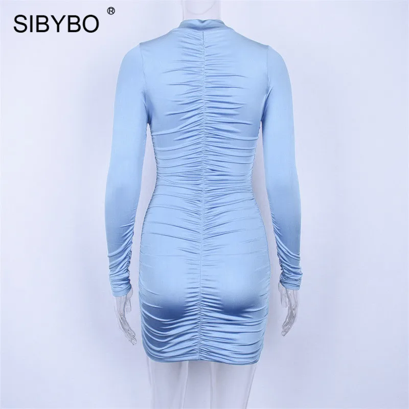 Sibybo Turtleneck Long Sleeve Autumn Dresses for Women Fashion Sheath Pleated Mini Dress Women Black Casual Women Dresses Winter