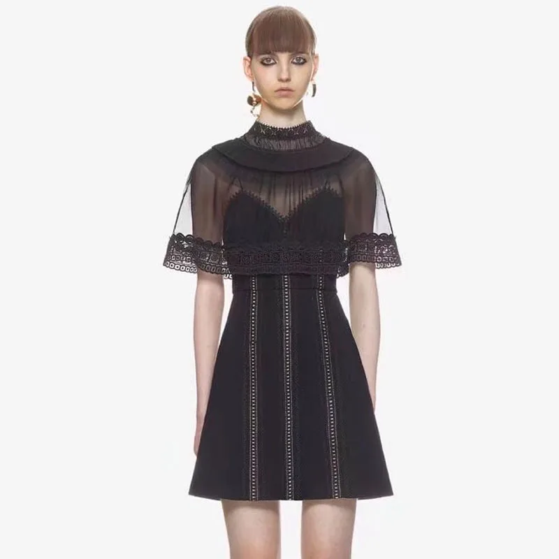 See Through Black Lace Dress Woman Cloak Style Sexy Backless Spring Summer Short Party Dresses Female