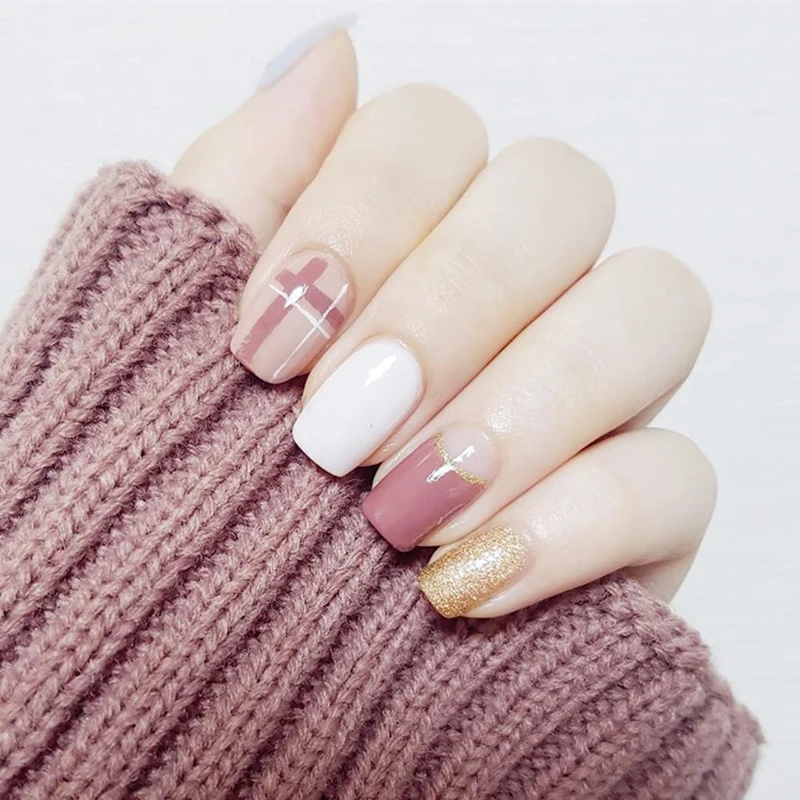 

Elegant 24pcs/set Pink+white french gold glitter design finished fake nails Middle-long size lady full nail tips Patch art tool