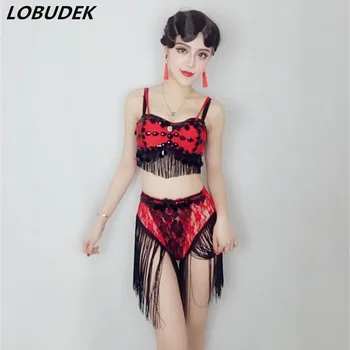 

Female Bar singer DJ DS Costume Jazz Hip Hop Dancer Group performance stage outfit sexy red tassels Crystals Bikini set costumes
