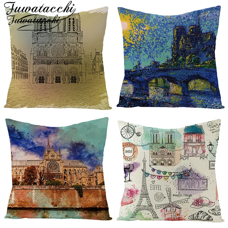 Fuwatacchi Pure Linen Triumphal Arch Cushion Cover E1ffel Tower Throw Pillow Romantic Frensh Scenery Pillowcases | Дом и сад