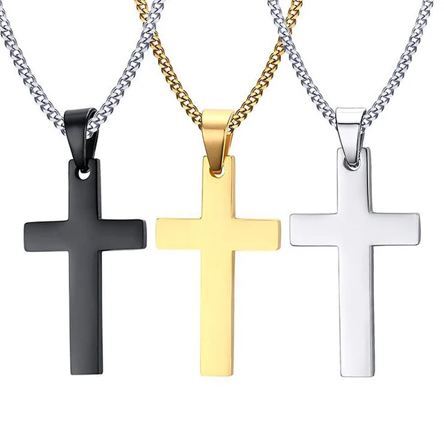 Titanium Cross Necklace for Men Black Silver Gold Color Stainless Steel