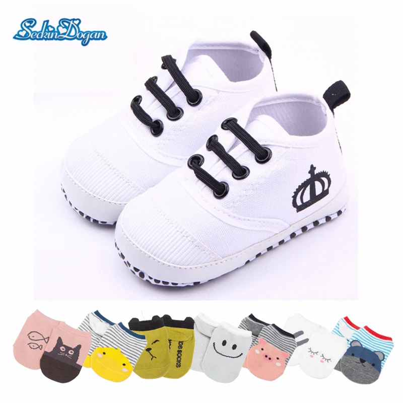 

SeckinDogan Baby Shoes + 7Pcs Socks Breathable Cotton Fabric Newborn Shoes Soft Bottom Anti-slip First Walkers Casual Baby Socks