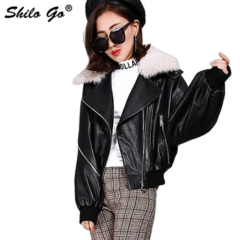 

SHILO GO Leather Jacket Womens Autumn Fashion sheepskin genuine leather Coat Lamb Fur laple collar puff sleeve loose locomotive