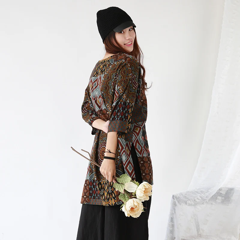 Jiqiuguer Women Coffee Floral Autumn Tops Loose O Neck Print Patchwork Pockets Three quarter Pullover Vintage T Shirts G182Y118 | Женская