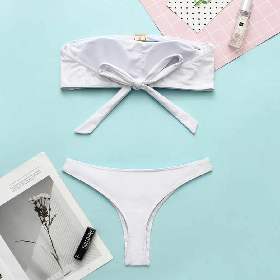 white black bandeau bikini set push up bandage swimsuit padded bra thong bathing suit women swimwear cut out bikinis mujer 2019