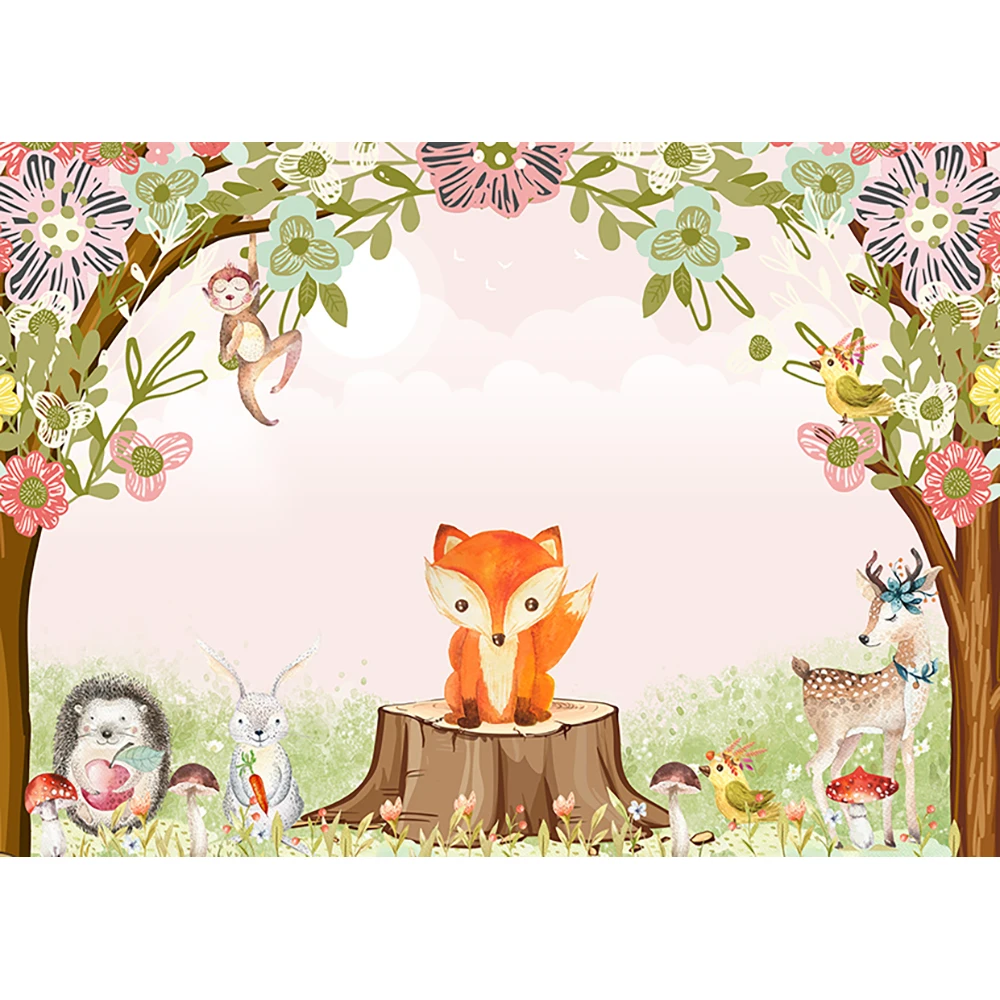 Funnytree backdrop photographic children forest animal party fox rabbit monkey tree stump mushroom photo fotografia background