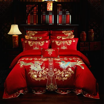 

Luxury Red Wedding Style Gold Loong Phoenix Embroidery 100% Cotton Bedding Set Duvet Cover Bed sheet/Linen Bedspread Pillowcases