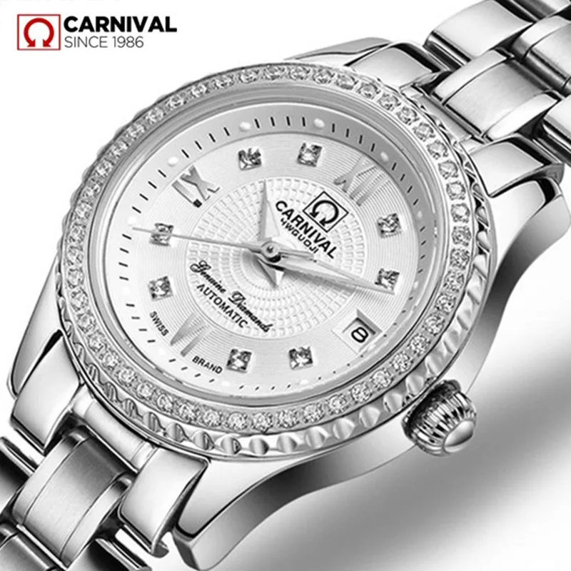 

Rhinestone dress fashion lady automatic mechanical watch women waterproof full steel white gold luxury clock relogio feminine