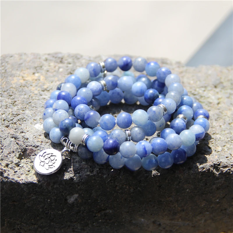 108 Mala Aquamarines с Lotus OM Будда Шарм Йога браслет или ожерелье для меня женщин синий натуральный камень ювелирные изделия Прямая поставка