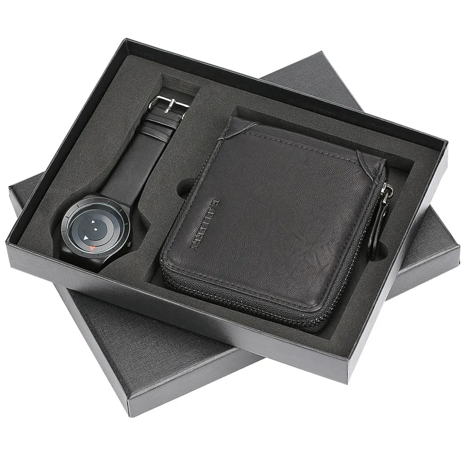 

Trendy Men Turnable Wristwatch Malfunction Hasp Wallet Leather Luxury Christmas Birthday All Festival Gift Set for Men Boys
