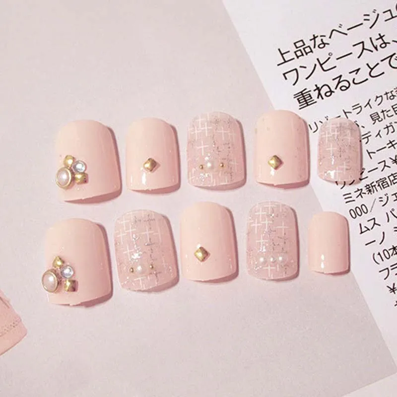 

24PCS/Set Pink Color Fake Nail With Glue Acrylic Full Cover Square Nail Art Girls Simulation Pearl Decoration Short Nail Tips