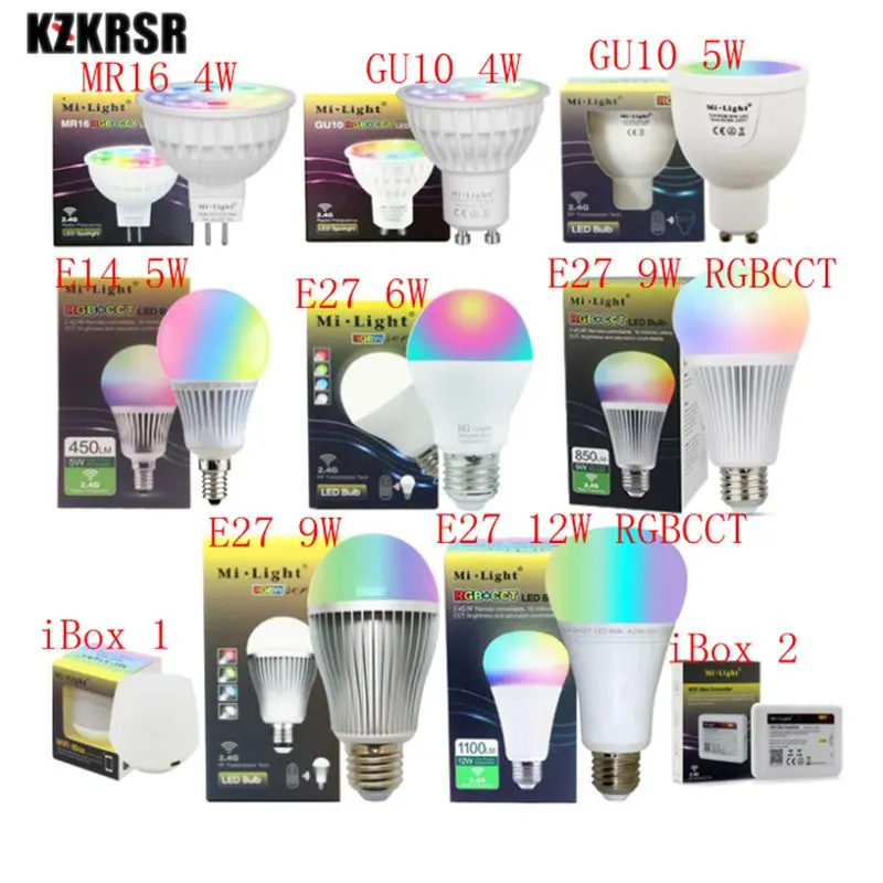 

MiLight 2.4G Led Bulb MR16 GU10 E14 E27 Led Lamp Smart Wireless 4W 5W 6W 9W 12W RGBW/RGBWW/RGB+CCT Led Light ibox remote control