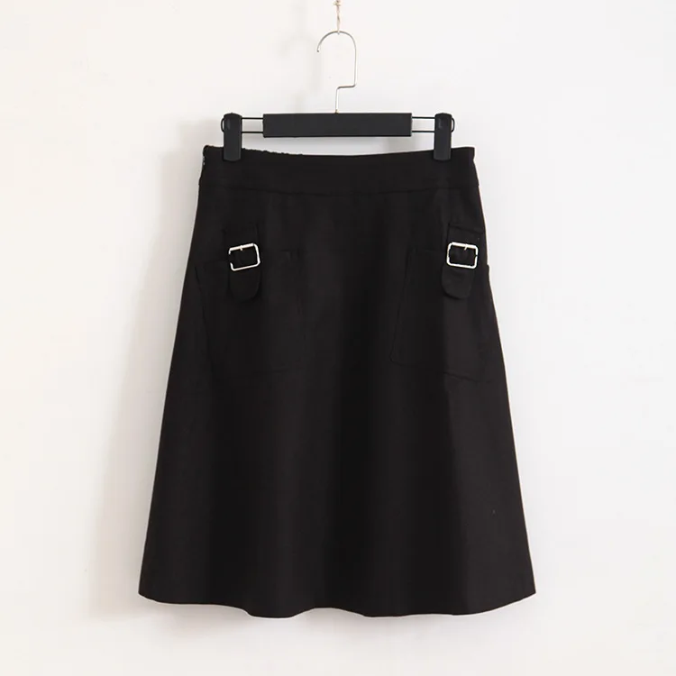 K73 Весенняя Повседневная трапециевидная юбка 4XL размера плюс женская одежда модные Свободные шерстяные юбки с карманами 042 - Цвет: Черный