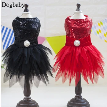 

FK16 Cute Summer Pet Dog Princess Dress Puppy dog Cats Wedding Party Lace Performing dresses Red Black Skirt Clothes Yorkie