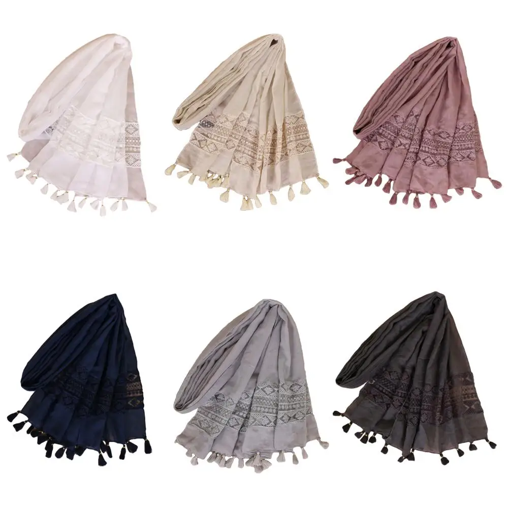 

Women Hijab Tassel Lace Long Scarves Muslim Shawl Head Wrap Scarf Stoles Islamic Turban Headscarf Pashmina Amira Veil 210*70cm