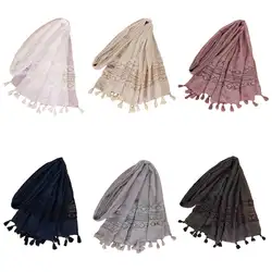 Женский хиджаб с кисточками, кружевной длинный шарф Мусульманский платок, платок, шарф, палантины, исламский тюрбан, головной платок