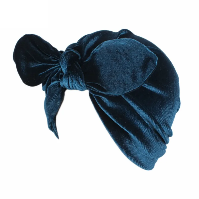 Женская Шапка-бини с заячьими ушками, шапка под хиджаб, стильная бархатная Шапка-тюрбан, повязка на голову с бантом - Цвет: Peacock Blue