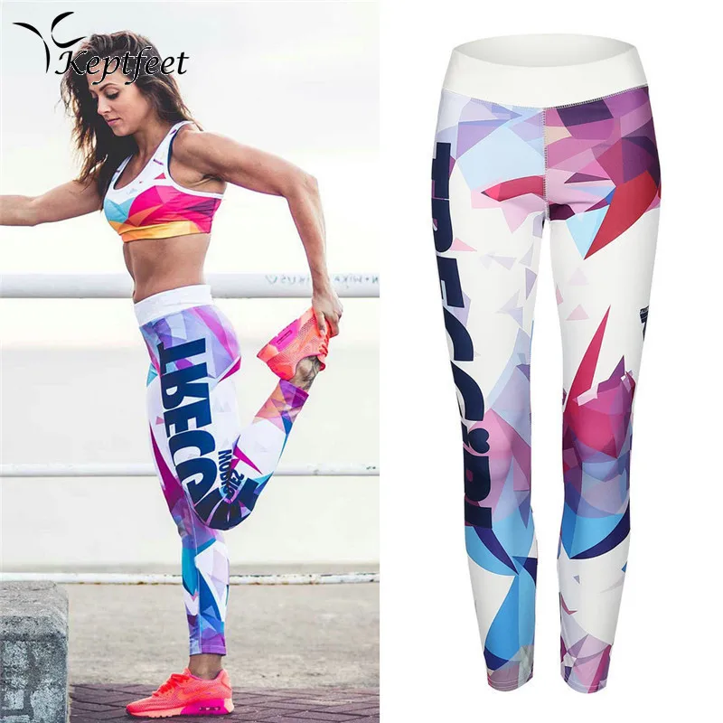 Patchwork Colorful Colors Letter Printed Fitness Yoga Sports Leggings