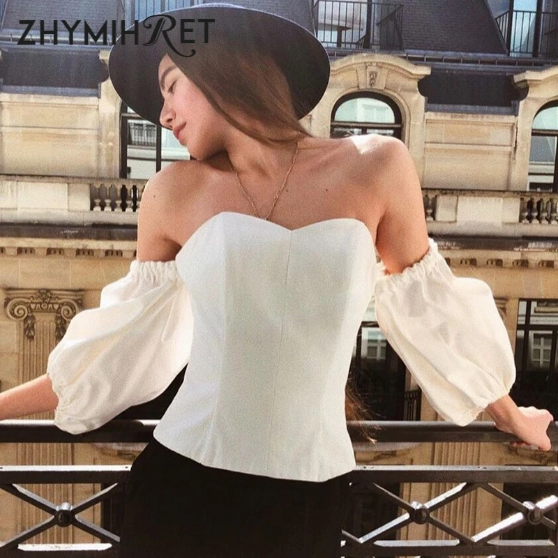 

ZHYMIHRET Elegant Strapless White Blouse Shirt Women Slash Neck Half Lantern Sleeve Top Off Shouder Blusa Femininas 2019 Summer